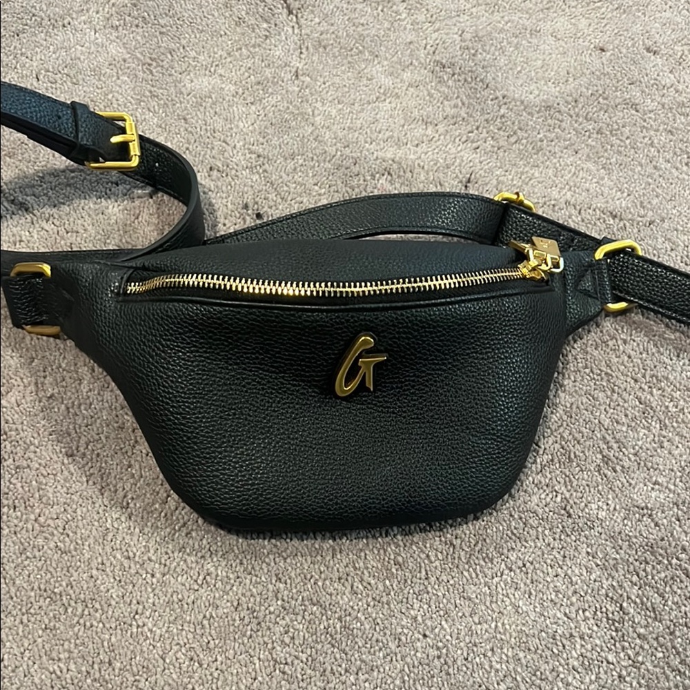 Black Leather Belt Bag with Gold Accents